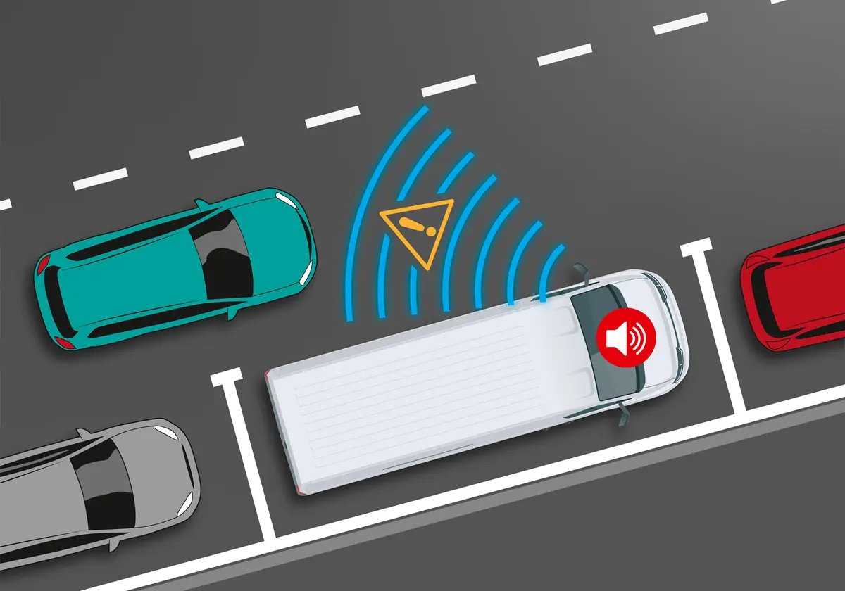 Illustration eines Fahrzeugs mit Warnsignal und akustischem Alarm, um Sicherheitsbewusstsein zu zeigen.